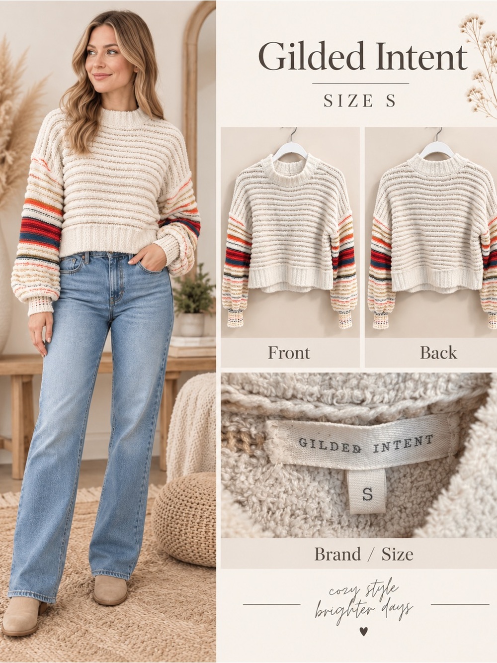 Gilded Intent Cream Cropped Crewneck Sweater with Multicolor Striped Sleeves